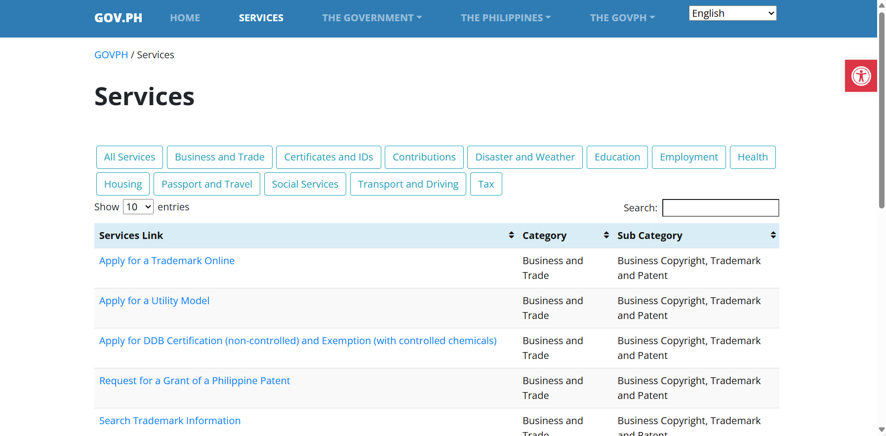 A screengrab taken from www.gov.ph Services page